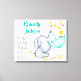 Impressão Em Tela Baby Birth Record Stats Elephant Hearts and Stars