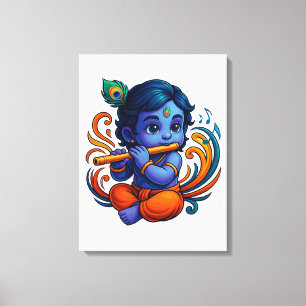 Impressão Em Tela Baby Krishna com Flauta - Víbias da Paz   3D vibra