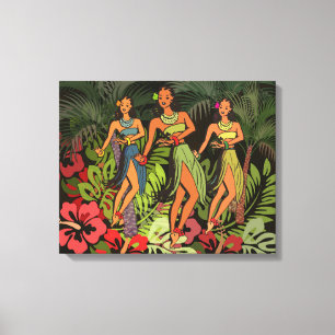 Impressão Em Tela Bailarinas de Hula Havaianas Vintage Árvore de Pal