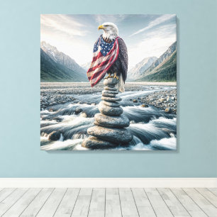 Impressão Em Tela Bald Eagle Com Bandeira Americana No Cairn