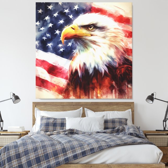 Impressão Em Tela Bald Eagle com bandeira dos Estados Unidos (Insitu(Quarto))