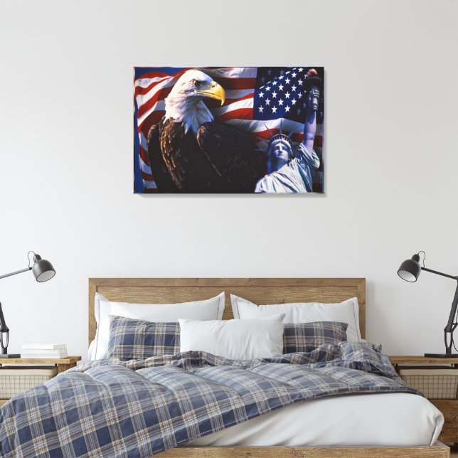 Impressão Em Tela Bald Eagle e Estátua da Liberdade e bandeira ameri (Insitu(Quarto))