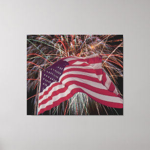 Impressão Em Tela Bandeira americana e fogos-de-artifício