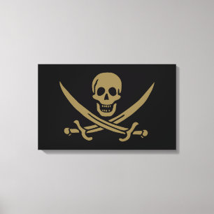 Impressão Em Tela Bandeira Dourada do Caveira e Espadas Pirata de Ca