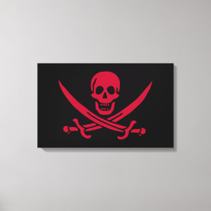 Impressão Em Tela Bandeira pirata da Caveira Vermelha e Espadas de C