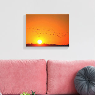 Impressão Em Tela Bando de aves migrando no pôr do sol