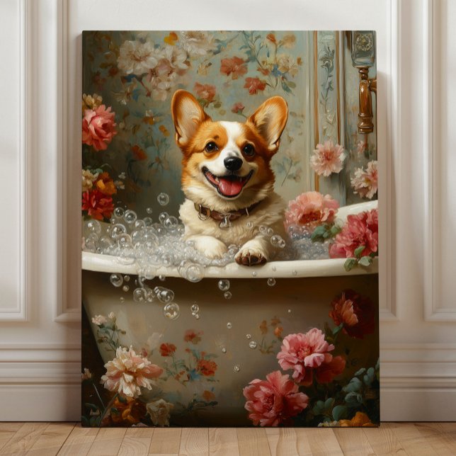 Impressão Em Tela Banho de Espuma Corgi Alegria (Corgi Bubble Bath Joy – Whimsical Floral Dog Bathroom Art by Nicole Cossairt)