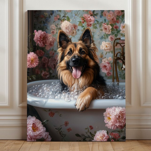 Impressão Em Tela Banho de Espuma de Prazer do Pastor Alemão (German Shepherd Bubble Bath Bliss – Whimsical Floral Bathroom Dog Art by Nicole Cossairt)