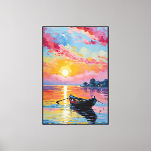Impressão Em Tela Barco a Remo ao Pôr do Sol em Águas Tranquilas – A