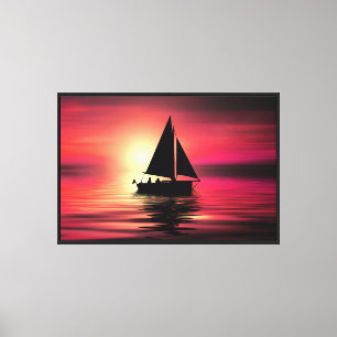 Impressão Em Tela Barco à Vela ao Pôr do Sol no Mar Projeto de Arte