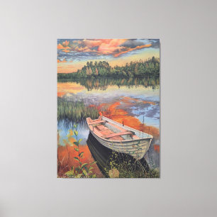 Impressão Em Tela Barco ao Pôr do Sol: Arte de Parede com Reflexo Re