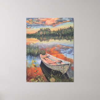 Impressão Em Tela Barco ao Pôr do Sol: Arte de Parede com Reflexo Re
