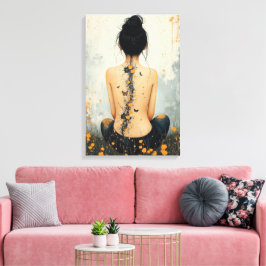 Impressão Em Tela Beautiful Woman, Ink, Wildflowers and Butterflies