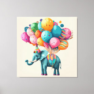Impressão Em Tela Bebê Balão de Elefante Aquarela