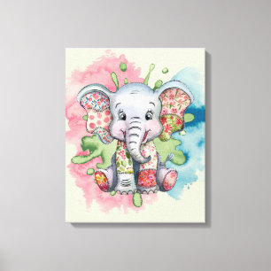 Impressão Em Tela Bebê Elefante Remendos Florais Costurados Qualquer