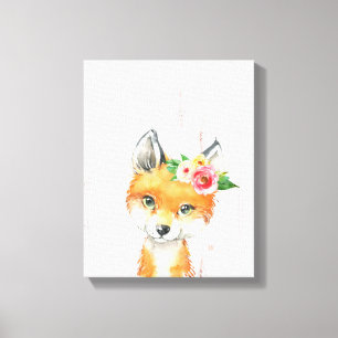 Impressão Em Tela Bebê Floral De Aquarela, Animais Da Floresta
