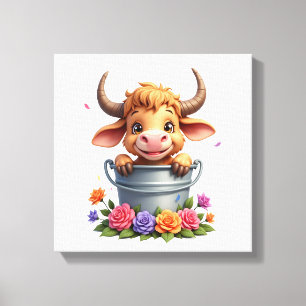 Impressão Em Tela Bebê Fofo Vaca Highland Com flores Bezerro Animal 