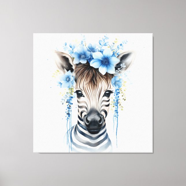 Impressão Em Tela Bebê Zebra - Flor Azul Coroa (Frente)