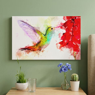 Impressão Em Tela Beija-flor em Aquarela se Alimentando de Flor Verm