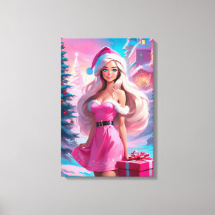 Impressão Em Tela Bela Menina de Natal Rosa 01