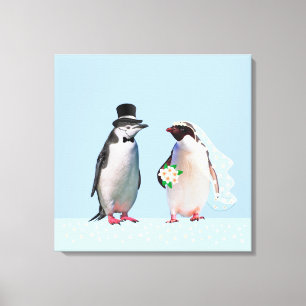 Impressão Em Tela Belo Casal de Pinguins de Casamento em Azul Claro