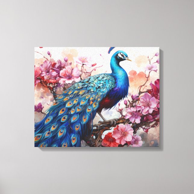 Impressão Em Tela Belo Pavão com Flores (Frente)