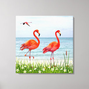 Impressão Em Tela Belos Flamingos Vermelhos perto de Flores Brancas