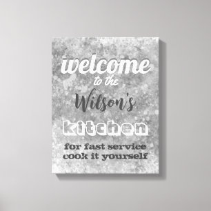 Impressão Em Tela bem-vindos, costume da cozinha, citando cinza humo