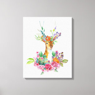 Impressão Em Tela Berçário de Bebê Veado Floral Pintado à Aquarela