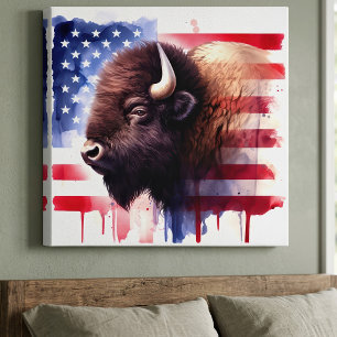 Impressão Em Tela Bison com bandeira dos Estados Unidos da América