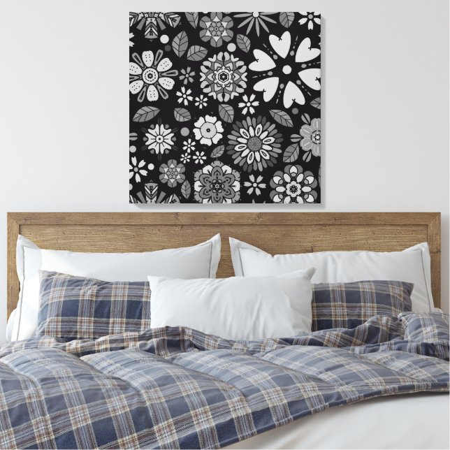 Impressão Em Tela Black And Gray Retro Floral Art Seamless Pattern (Insitu(Quarto))