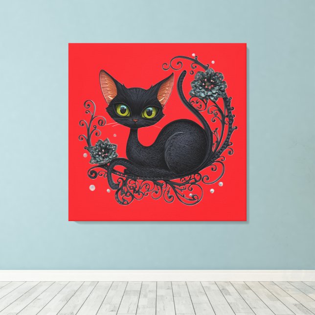 Impressão Em Tela Black Cat in a Flower Cradle  (Insitu(piso de madeira))