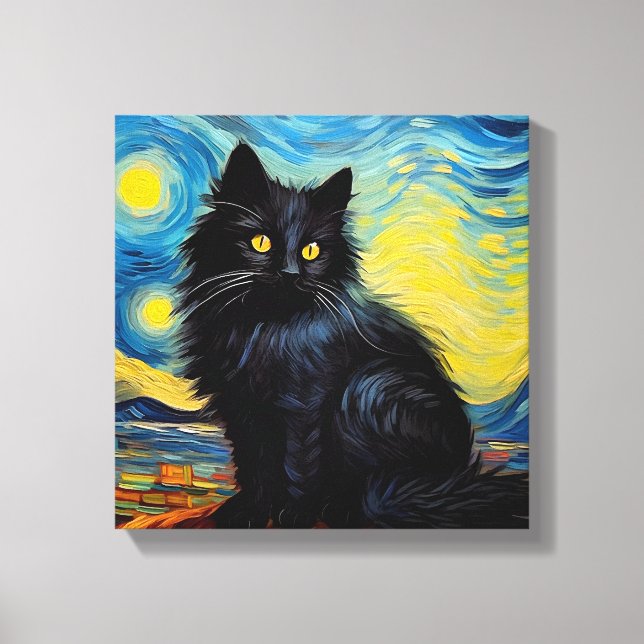 Impressão Em Tela "Black Cat Van Gogh Sky (Frente)