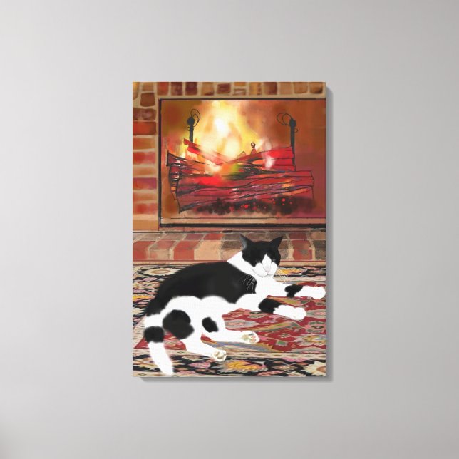 Impressão Em Tela Black White Cat Lying front of Fireplace  (Frente)