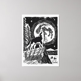 Impressão Em Tela Black & White Howling Husky at Night Linocut