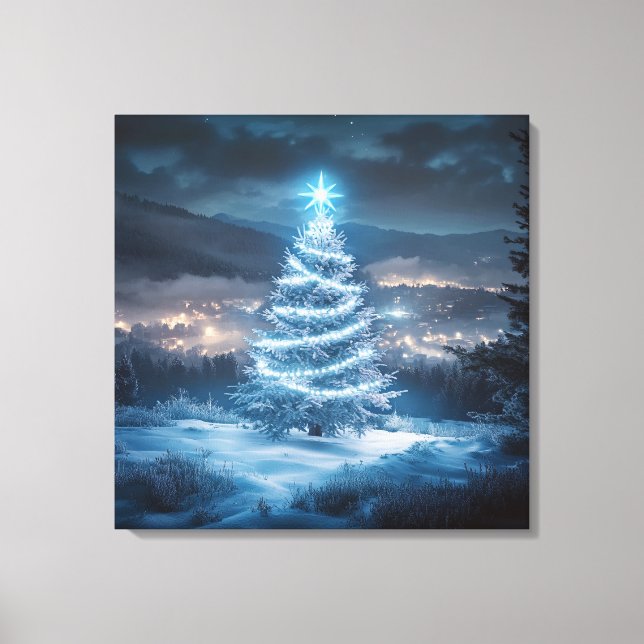 Impressão Em Tela Blue Glowing Winter Night Christmas Tree (Frente)