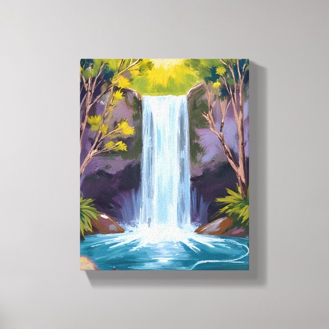 Impressão Em Tela Blue Waterfall | Forest Landscape Nature Painting (Frente)