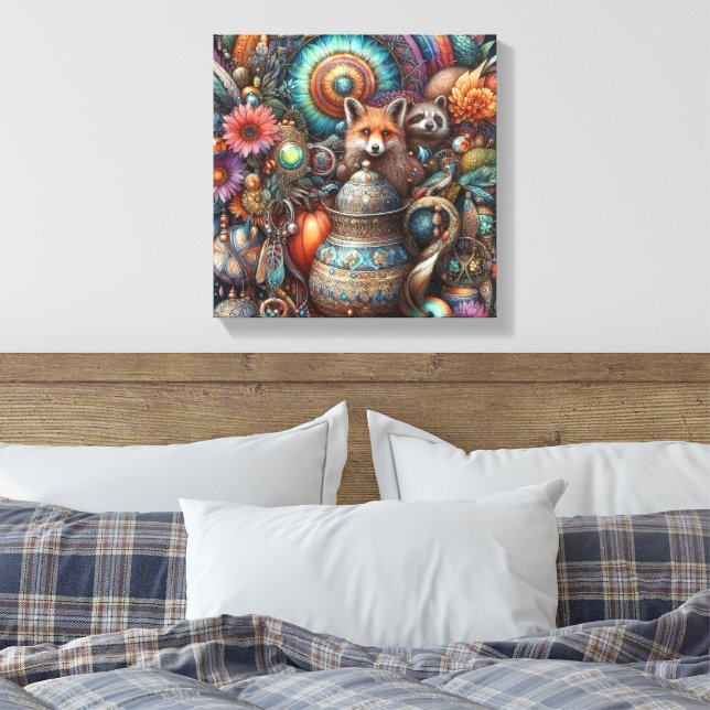 Impressão Em Tela Boho Fox Raccoon Floral Design (Insitu(Quarto))