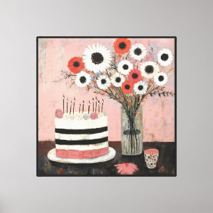Impressão Em Tela Bolo de Aniversário Chic e Flores de Gerbera