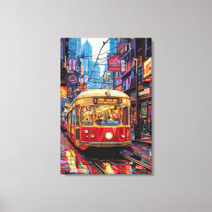 Impressão Em Tela Bonde da Cidade Pop Art com Reflexos de Neon