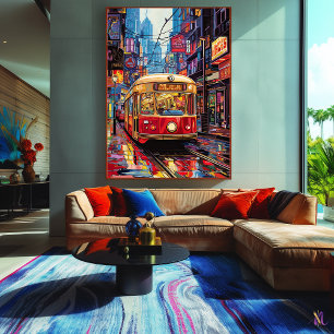 Impressão Em Tela Bonde da Cidade Pop Art com Reflexos de Neon