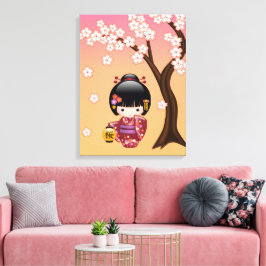 Impressão Em Tela Boneca Kokeshi Sakura - Garota Geisha no Pêssego