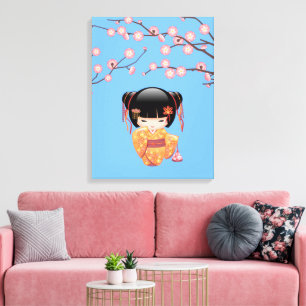 Impressão Em Tela Boneca Kokeshi Ume - Garota Geisha Japonesa Azul