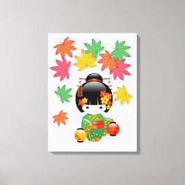 Impressão Em Tela Boneca Kokeshi verde Kimono Geisha