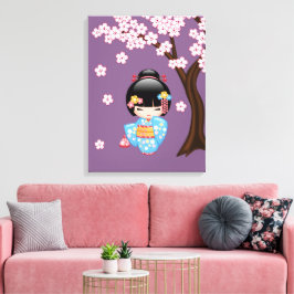 Impressão Em Tela Boneca Maiko Kokeshi - Rapariga Kimono Geisha Azul