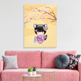 Impressão Em Tela Boneca Neko Kokeshi - Garota Geisha com Orelhas de