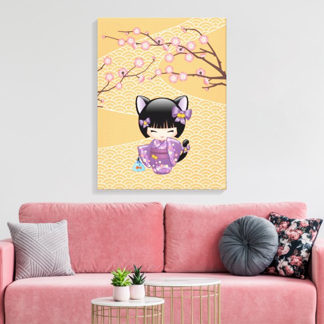 Impressão Em Tela Boneca Neko Kokeshi - Garota Geisha com Orelhas de (Insitu(Sala de estar))