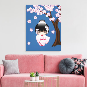 Impressão Em Tela Boneca White Kimono Kokeshi - Garota Gisha Bonita