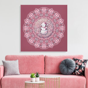 Impressão Em Tela Boneco de Neve Rosa Caprichoso Pontilhado Mandala