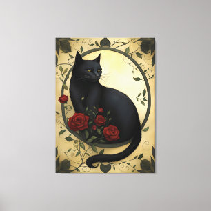 Impressão Em Tela Bonita Gato Negro e Rosas vermelhas